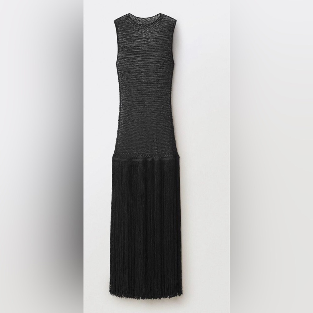 Mango Sleeveless Black Fringe Knit Maxi Dress NWT